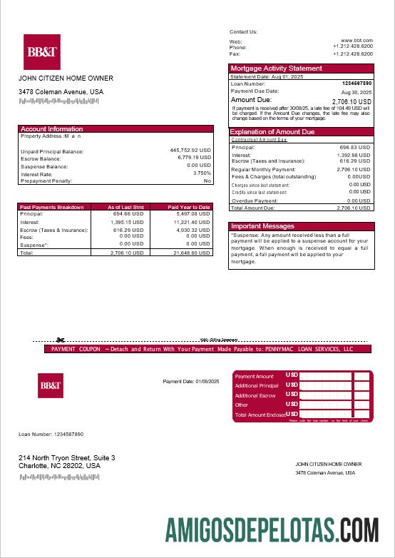 Extrato de hipoteca do banco Washington BB&T dos EUA em formatos Word e PDF exemplo